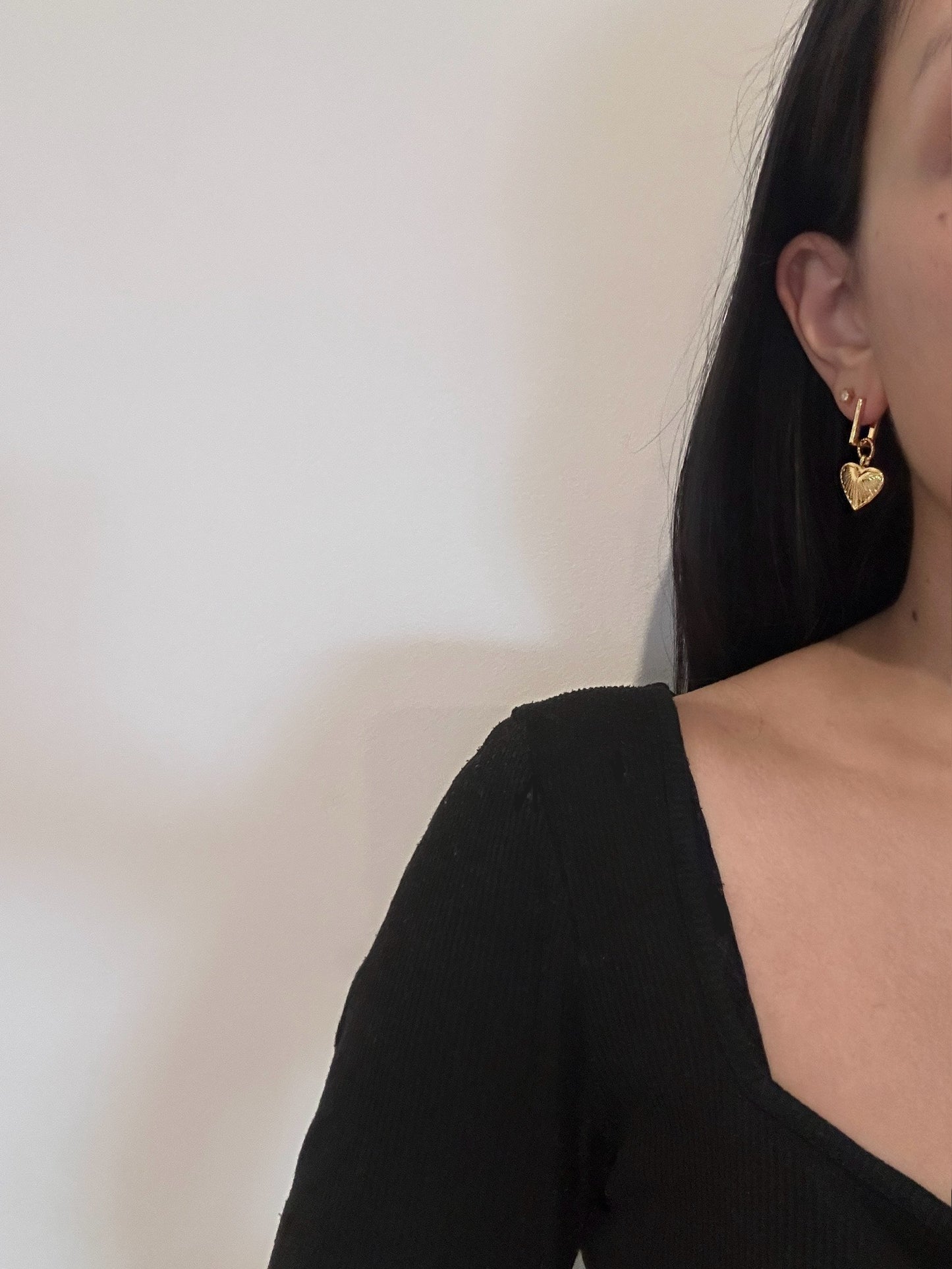 Luna Heart Rectangle Hoop Huggies Gold Earrings