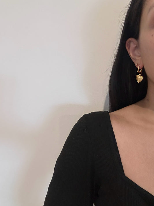 Luna Heart Rectangle Hoop Huggies Gold Earrings