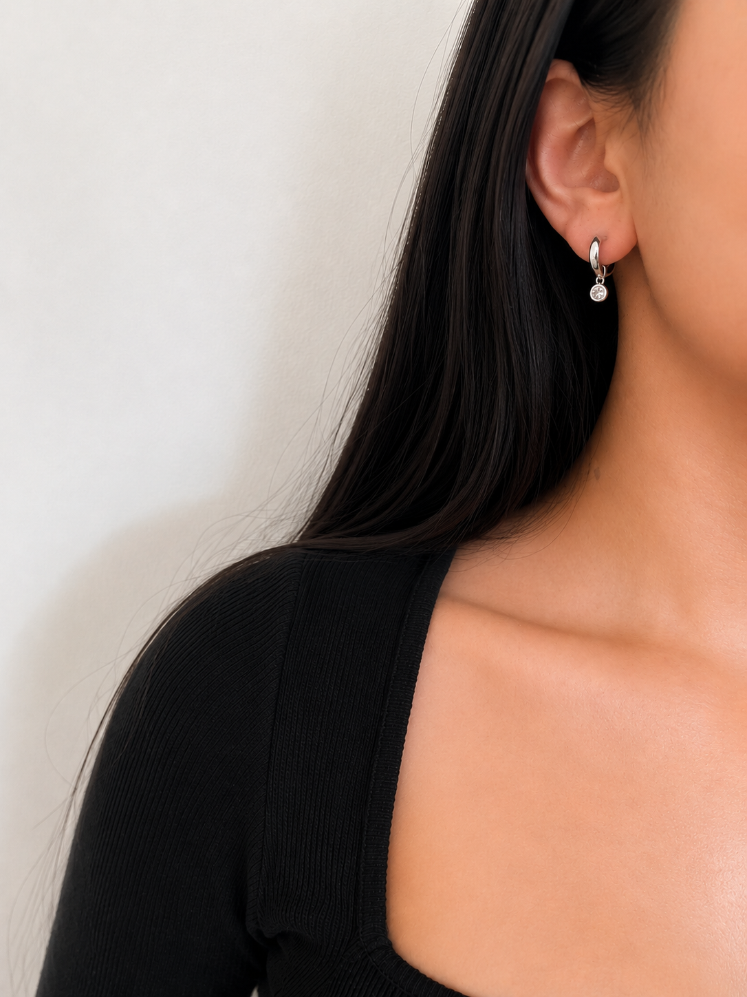 Aster Silver Round Drop Huggies Earrings