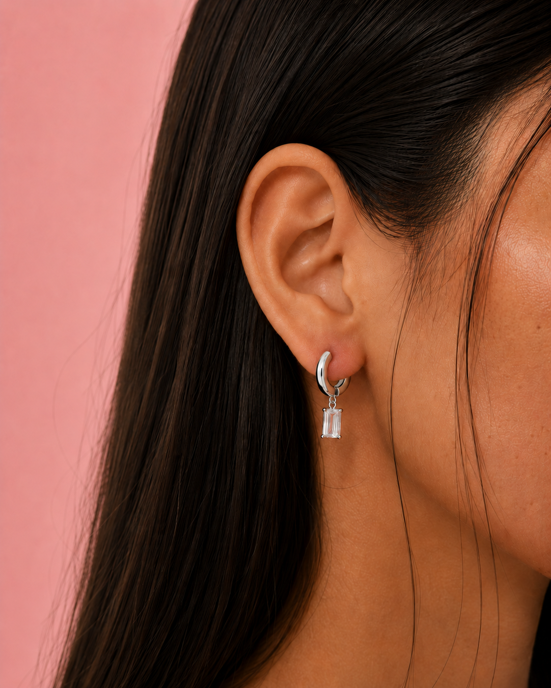 Celeste Silver Rectangle Drop Huggies Earrings