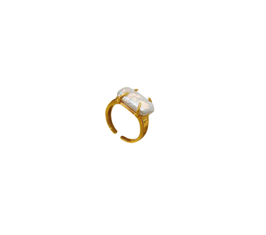 Elysian Freshwater White Pearl Baroque Gold Adjustable Ring