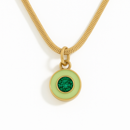 Enchanter’s Emerald Green Gem Snake Chain Charm Gold Necklace