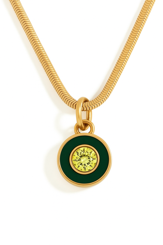 Enchanter’s Green Gem Snake Chain Charm Gold Necklace