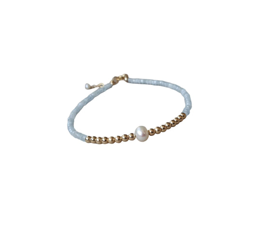 Aelina Freshwater Pearl Natural Blue Stone and Gold Beaded Bracelet