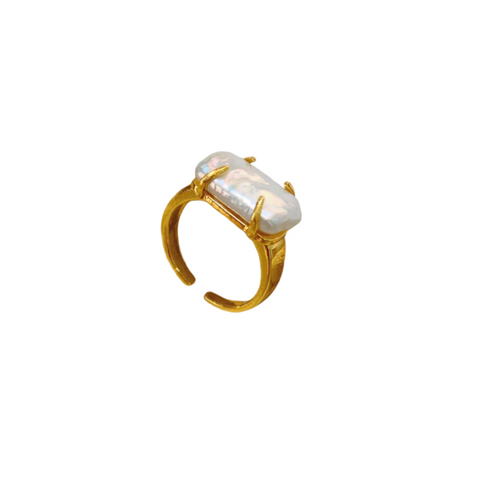 Elysian Freshwater White Pearl Baroque Gold Adjustable Ring