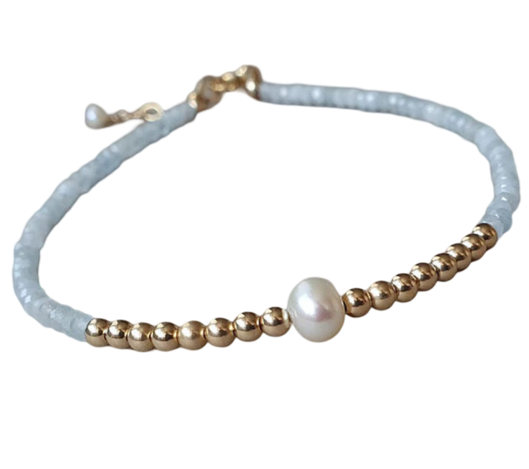 Aelina Freshwater Pearl Natural Blue Stone and Gold Beaded Bracelet