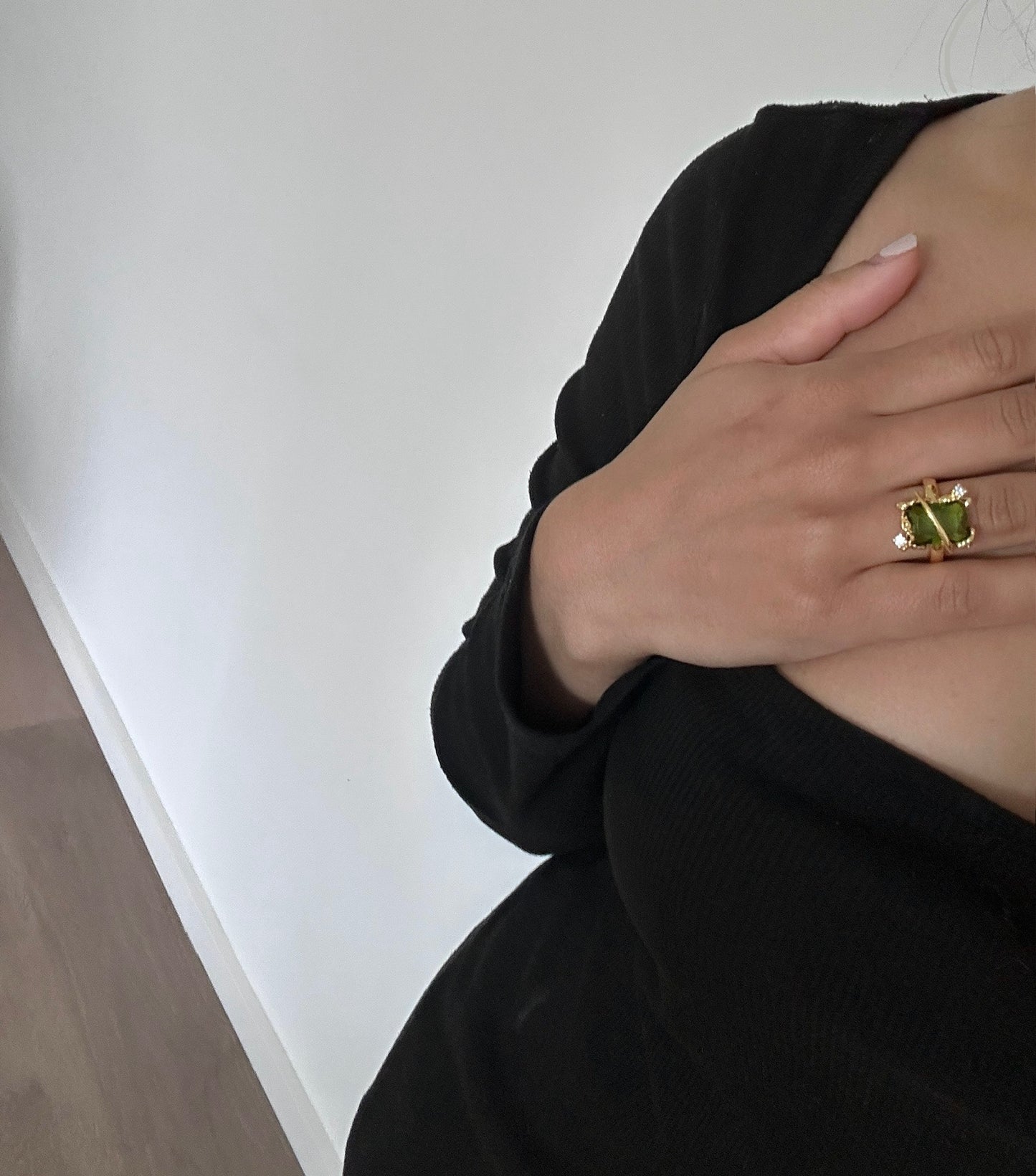 Juniper Green Cubic Zirconia Solitaire Gold Adjustable Ring