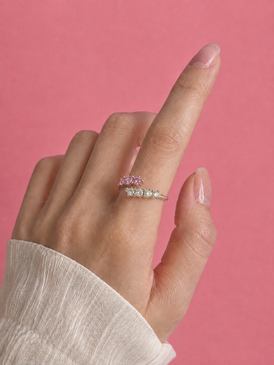 Lumière Pink & White Zirconia Adjustable Silver Ring