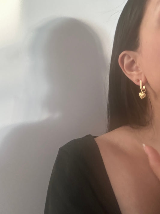 Small Luna Heart Rectangle Hoop Huggies Gold Earrings