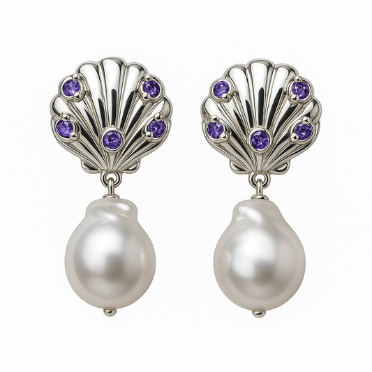 Violet Tide Pearl Silver Shell Earrings