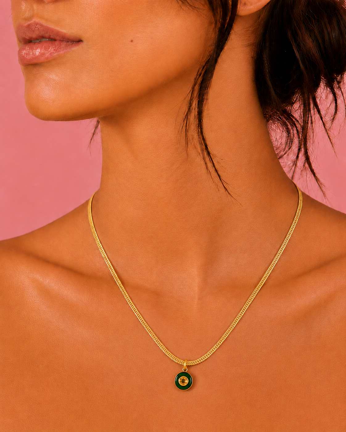 Enchanter’s Green Gem Snake Chain Charm Gold Dainty Necklace