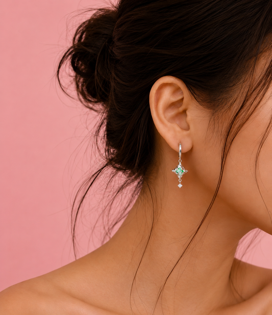 Eterna Green Star Drop Silver Dainty Earrings