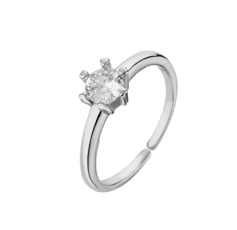 Evelina Solitaire Crystal Adjustable Silver Dainty Ring by Aster & Aura