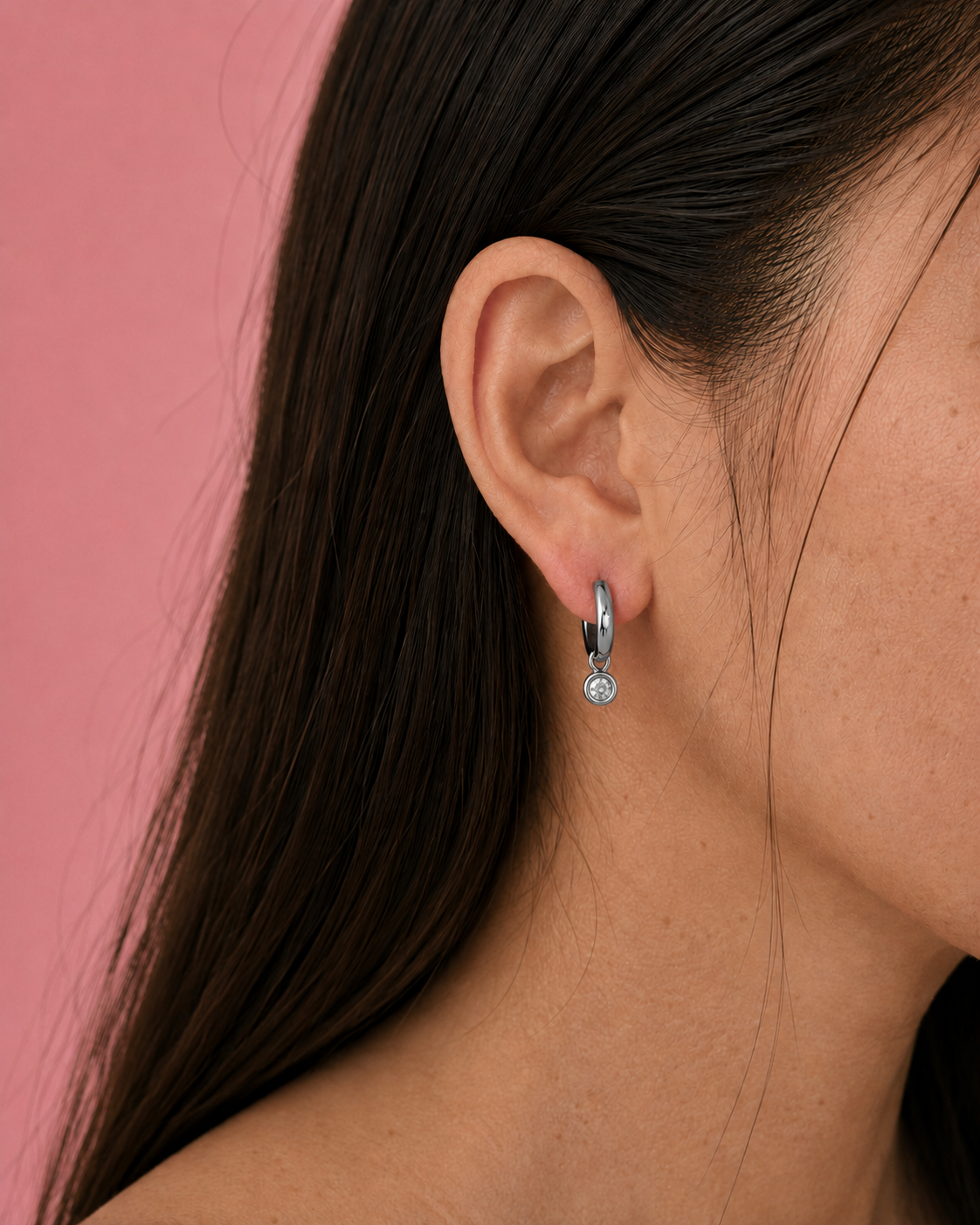 Aster Silver Round Drop Huggies Earrings