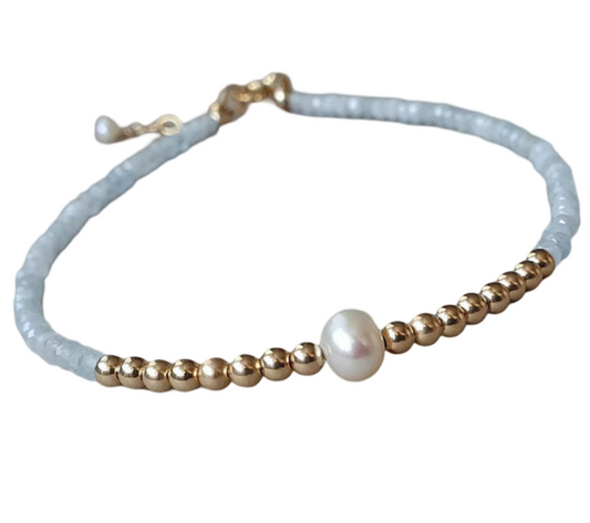Aelina Freshwater Pearl Natural Blue Stone and Gold Beaded Bracelet