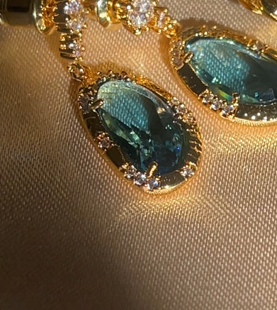 Ocean Blue Crystal Gold Drop Earrings