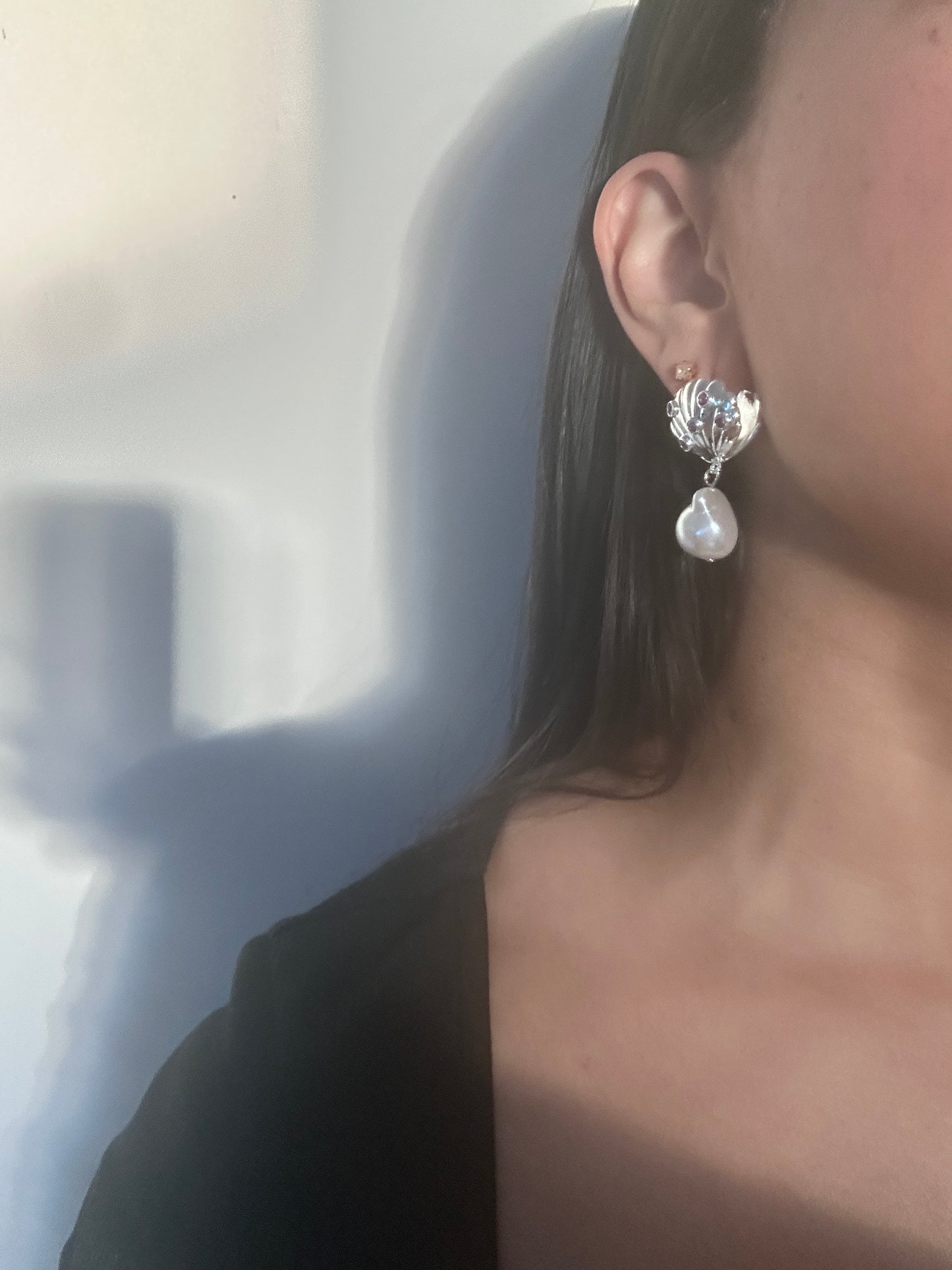 Violet Tide Pearl Silver Shell Earrings